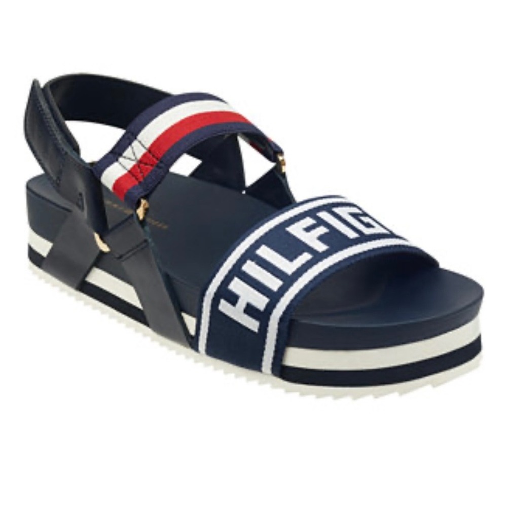 Tommy Hilfiger Womens Navy Blue Logo Platform Sporty Slingback Sandals